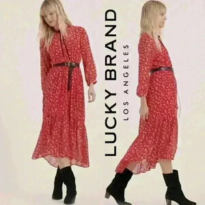 NWT Lucky Brand "Ryan" Long Sleeve Floral Ruffle Hem Midi/Maxi Dress